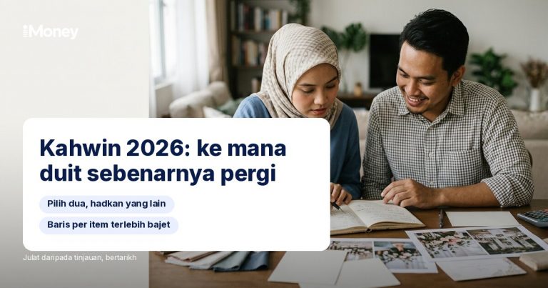 Pasangan merancang belanjawan bersama dengan teks: Perkahwinan 2026: ke mana wang sebenarnya dibelanjakan.