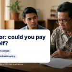 Older man reviewing documents with text: Guarantor: could you pay it yourself?