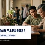 年长男子正在审查文件，图上有文字：担保人：你自己付得起吗？