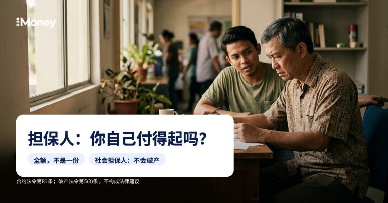 年长男子正在审查文件，图上有文字：担保人：你自己付得起吗？