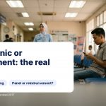 Man waiting in a healthcare clinic hallway with text: Panel clinic or government: the real cost.