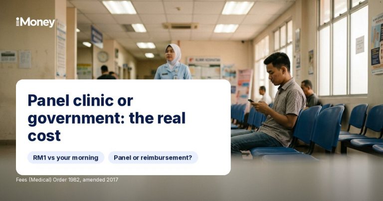 Man waiting in a healthcare clinic hallway with text: Panel clinic or government: the real cost.