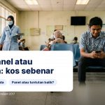 Lelaki menunggu di koridor klinik kesihatan dengan teks: Klinik panel atau kerajaan: kos sebenar.