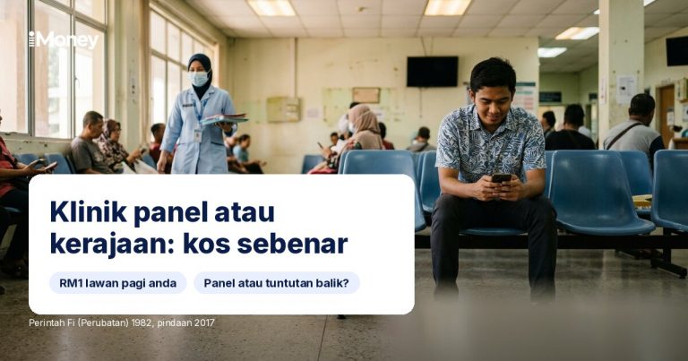 Lelaki menunggu di koridor klinik kesihatan dengan teks: Klinik panel atau kerajaan: kos sebenar.