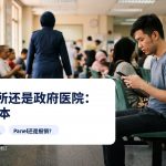 男子在诊所走廊候诊，图上有文字：指定诊所或政府医院：真正的成本。