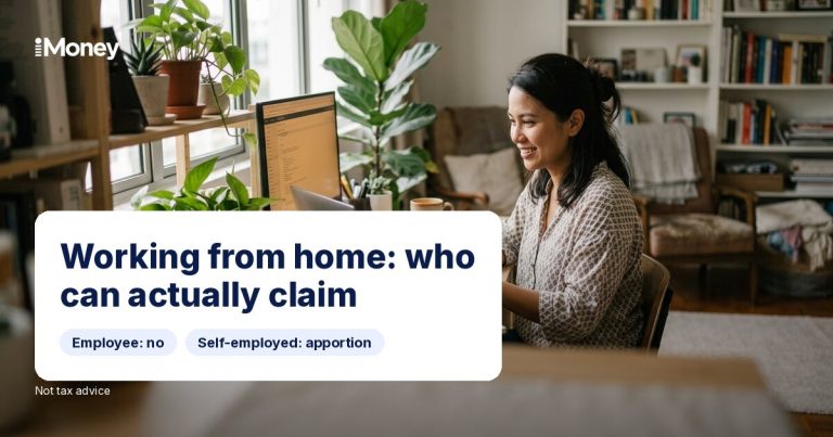 Woman working on a laptop at home with text: Working from home: who can actually claim.