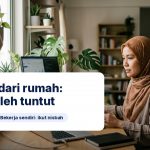 Wanita bekerja di rumah menggunakan komputer pekena dengan teks: Bekerja dari rumah: siapa yang benar-benar boleh menuntut.