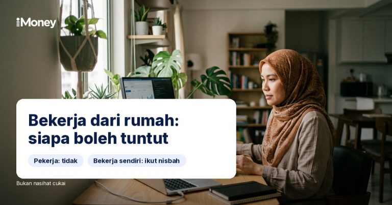 Wanita bekerja di rumah menggunakan komputer pekena dengan teks: Bekerja dari rumah: siapa yang benar-benar boleh menuntut.