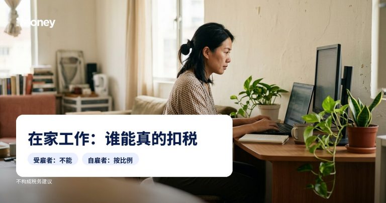 女子在家中使用电脑工作，图上有文字：居家办公：究竟谁可以申报扣税。