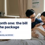 Parents holding newborn baby in hospital with text: Baby, month one: the bill behind the package.