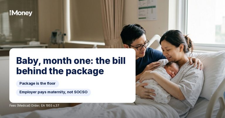 Parents holding newborn baby in hospital with text: Baby, month one: the bill behind the package.