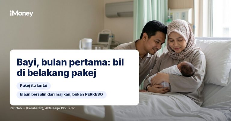 Ibu bapa memegang bayi baru lahir di hospital dengan teks: Bayi, bulan pertama: bil di sebalik pakej.