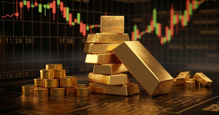 Gold bar on a rising stock chart illustrating gold trading